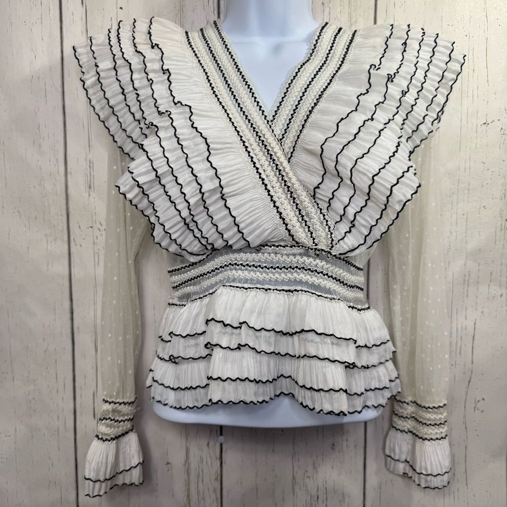 On Twelfth Ivory Ruffle Lace Wrap Blouse Sheer Polka Dot Size S Romantic Cottage